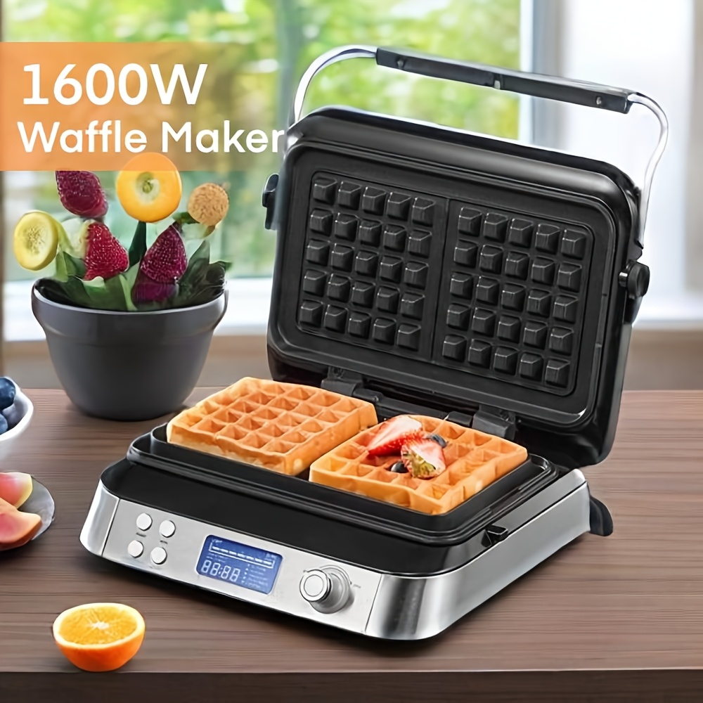 1600W Heavy-Duty Stainless Steel Double Waffle Maker with 5 Programs, 7 Browning Levels, Digital Display & Countdown Timer - Extra Thick Belgian Waffles, Overflow Groove & Anti-Scald Housing, 304 Stainless Steel Construction, 220-240V with UK Plug, Family-Sized Capacity for Home & Commercial Use, Breakfast Appliance, Professional Waffle Iron, Sleek Kitchen Tool, Modern Breakfast Maker, Highquality Waffle Iron, Durable Waffle Machine, Waffle Maker Electric Nonstick, Waffle Maker