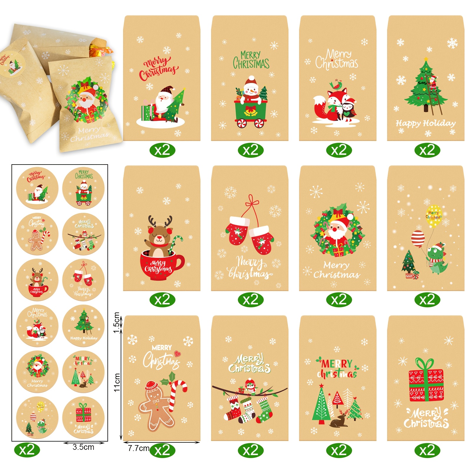 Image of 24pcs Retro Christmas Paper Bags With Stickers Gift Pouch Santa Claus Snowman Tree Holder New Year Holiday Decoration Supplies