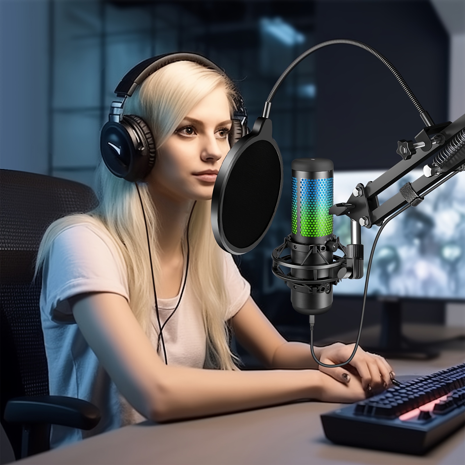 Aokeo Professional Microphone Pop Filter, Suitable For Gaming, Singing, And Recording With Any Microphone, Features A Double-layer Windscreen And With A Flexible 360° Gooseneck Clamp For Stability