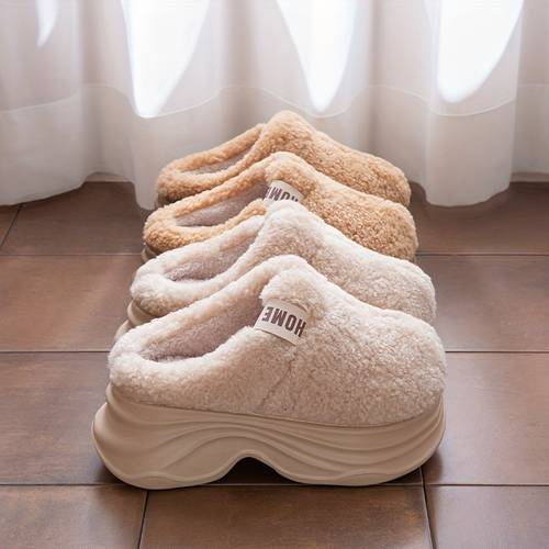 womens extra thick sole height increasing trendy slip suitable for home and outdoor casual solid color with positioning print label plush and comfortable women shoes