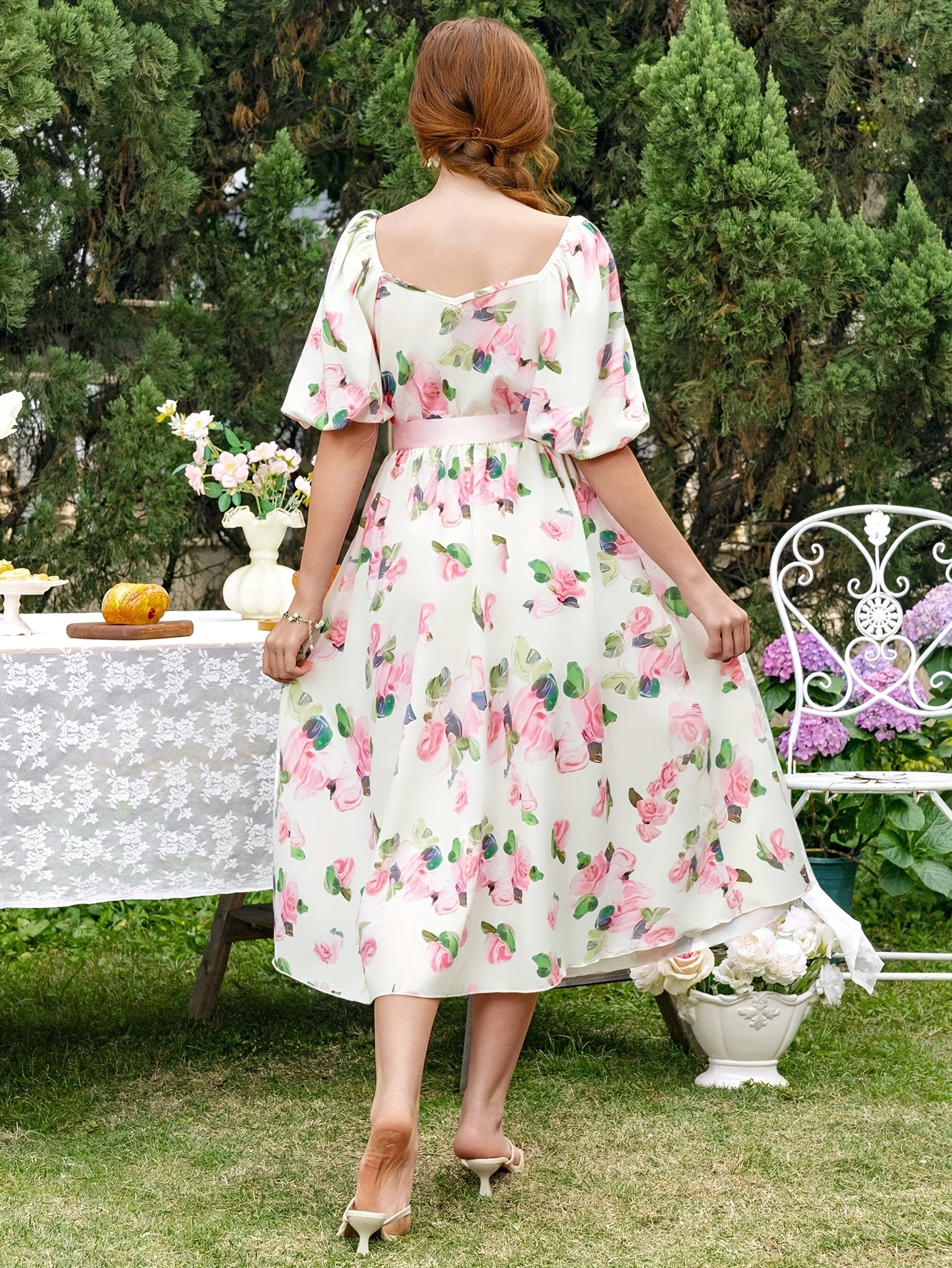 womens spring summer floral print bubble sleeve midi dress - Temu Ireland