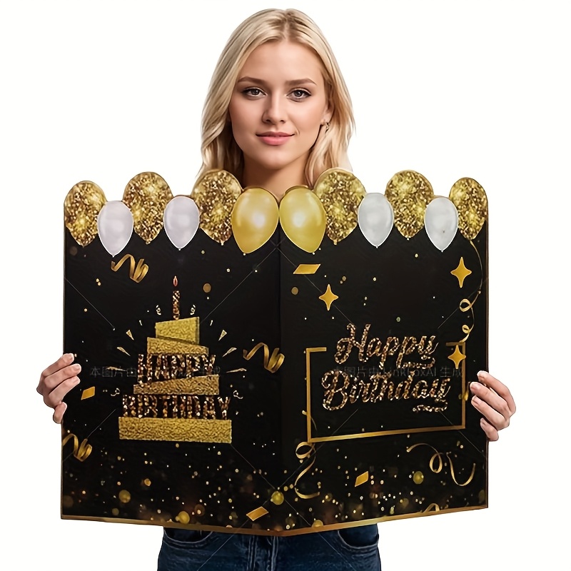 giant happy birthday card guest book 22x16 inch large party decoration with golden glittery cake design black background and festive balloons for   celebrations birthday party decorations