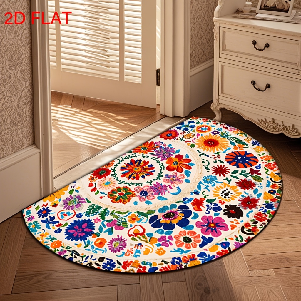 TEMU 1pc Mandala Semi-circular Mat - Colorful Floral Pattern, Soft Non-slip Machine Washable Indoor/outdoor Rug, Suitable For Living Room, Bedroom,