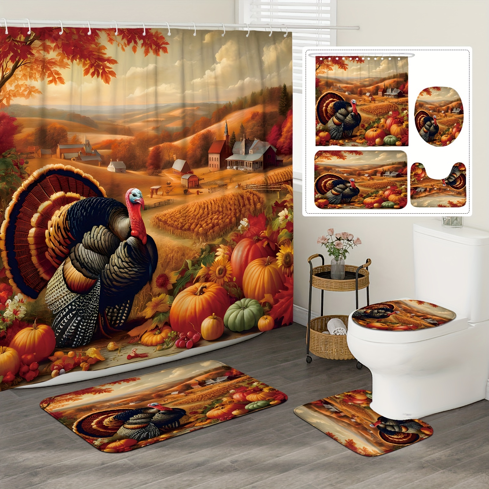 

Autumn Harvest Shower Curtain Set - 1/4 Pcs Waterproof Polyester With Turkey & Pumpkin Design, Includes Non-slip Bath Mat, U-shaped Toilet Lid Cover, And 12 Hooks - Perfect For Fall Bathroom Decor