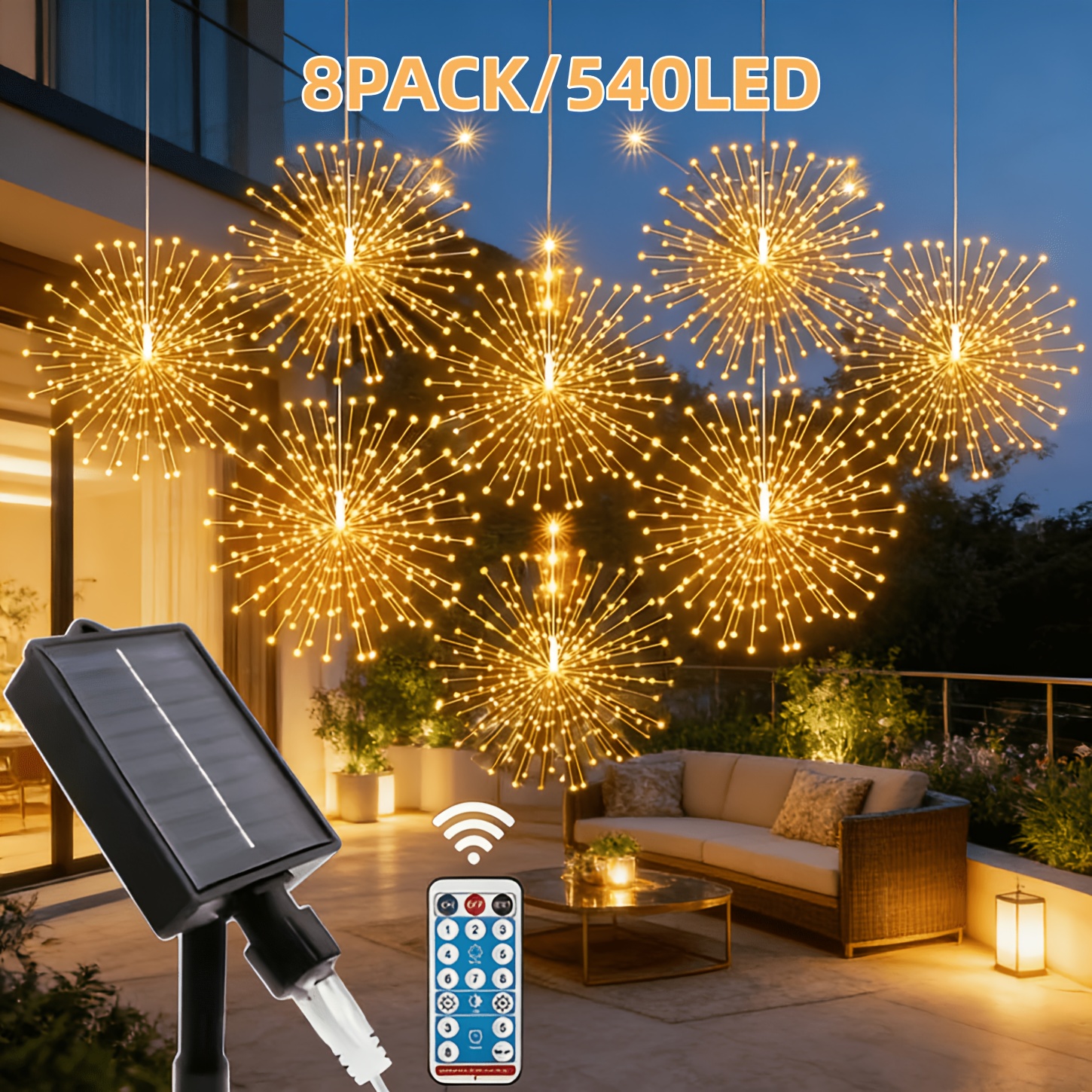 TEMU 8 Solar Outdoor Fireworks Pendant Lights, 540 Led Solar Starburst Ball Lights, Ip44 8 Mode Hanging Light String, Suitable For Courtyard,