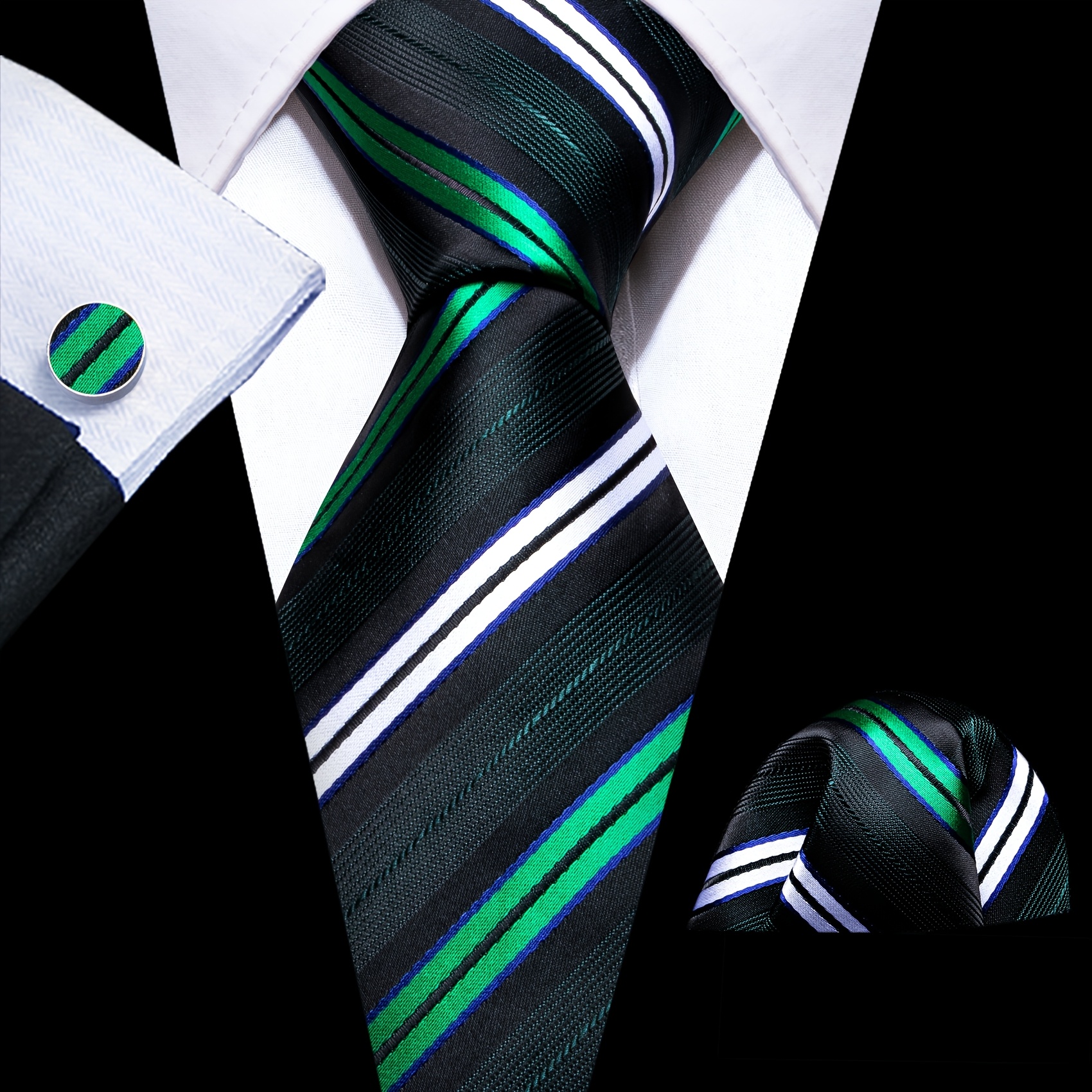 Men' Necktie With Matching Pocket Square & Cufflinks | Solid Color Business Dress Accessory, Elegant Formal Party Wedding Suit Tie For Professional Attire - , Woven Fabric