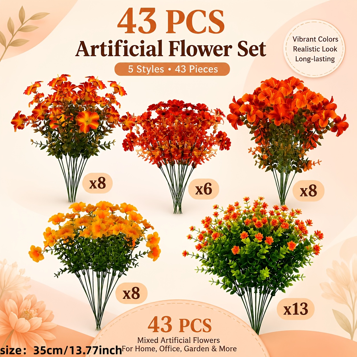 TEMU 43pcs Autumn Theme Artificial Flower Bouquet, Warm Orange Color Palette With Autumn Filter, Of Flowers For Free Combination, Suitable For Front
