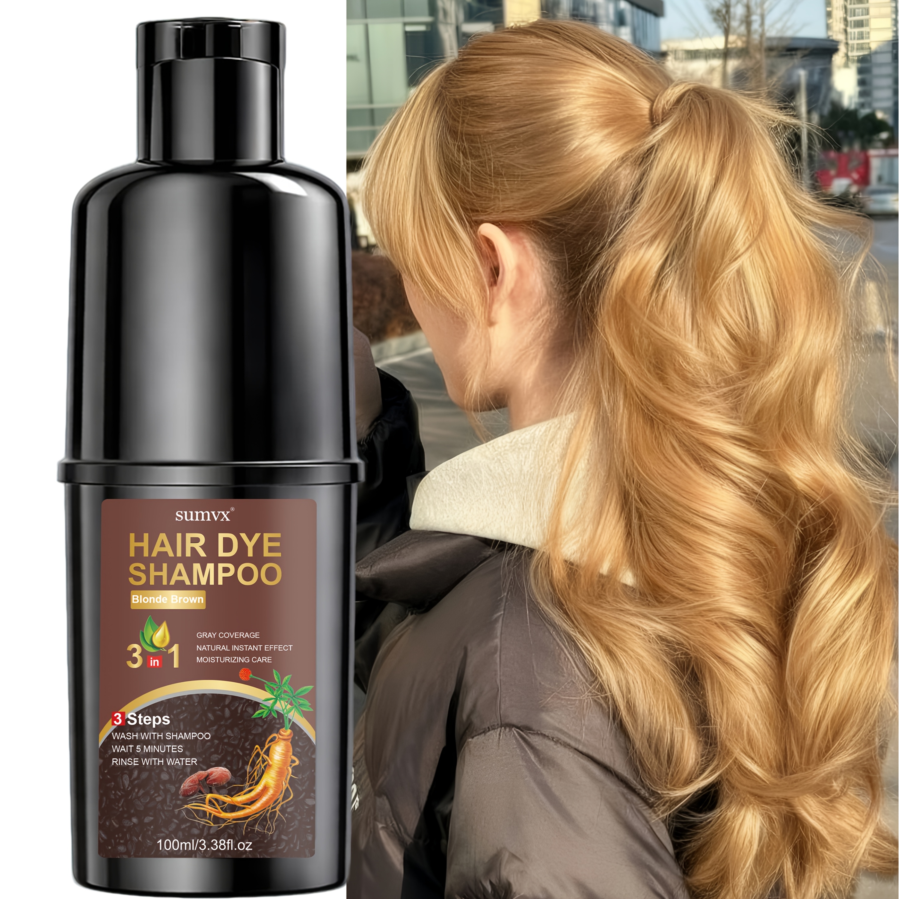 Image of Ginseng 3-in-1 Herbal Hair Dye Shampoo: Moisturizing, Leaves Hair Shiny, Quickly Covers Gray Hair, Gentle And Non-irritating, Long-, , Suitable For All Hair Types