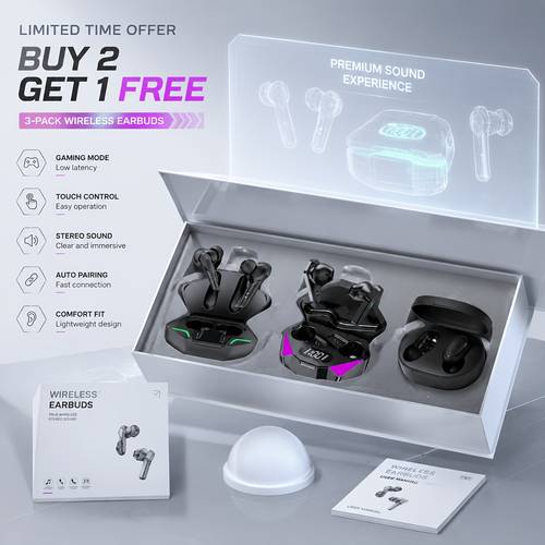3pcs tws gaming earbuds combo buy 2 get 1 freethis limited time offer 3 pairs of true wireless earbuds with low latency high and built in mic gaming music and daily use great value for players buy 2 get 1