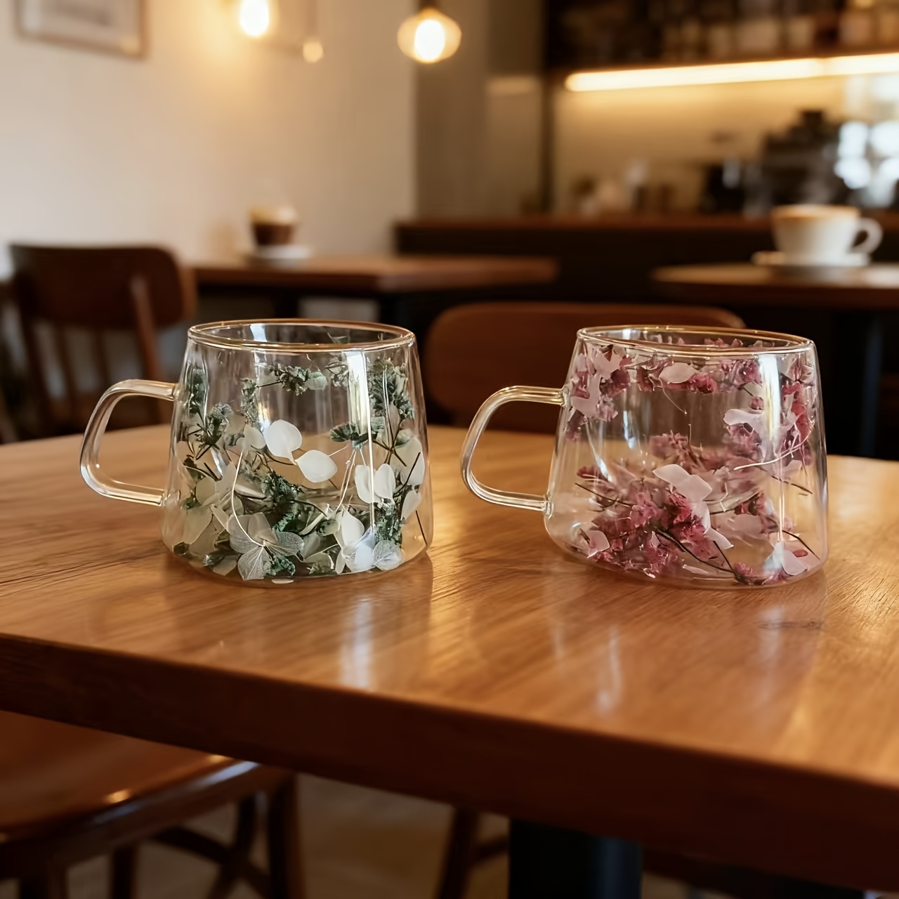Image of 2pcs Real Flower Filled Double-walled Glass Cup, 17.46oz Coffee Mug, Milk Cup, Ideal For Outdoor, Home, Office Use, Perfect Gift For