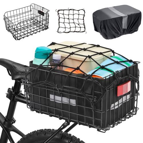 bike basket front rear folding bicycle basket with removable liner bag large quick release design metal ebike basket for adult women men carrying dogs pets fruit grocery extra large basket removable rear rack for most bikes ebikes