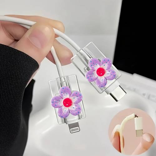 2pcs beautiful purple flower pattern cable protector sturdy and durable suitable for type c charging cable protector exquisitely designed and durable for halloween christmas valentines day thanksgiving