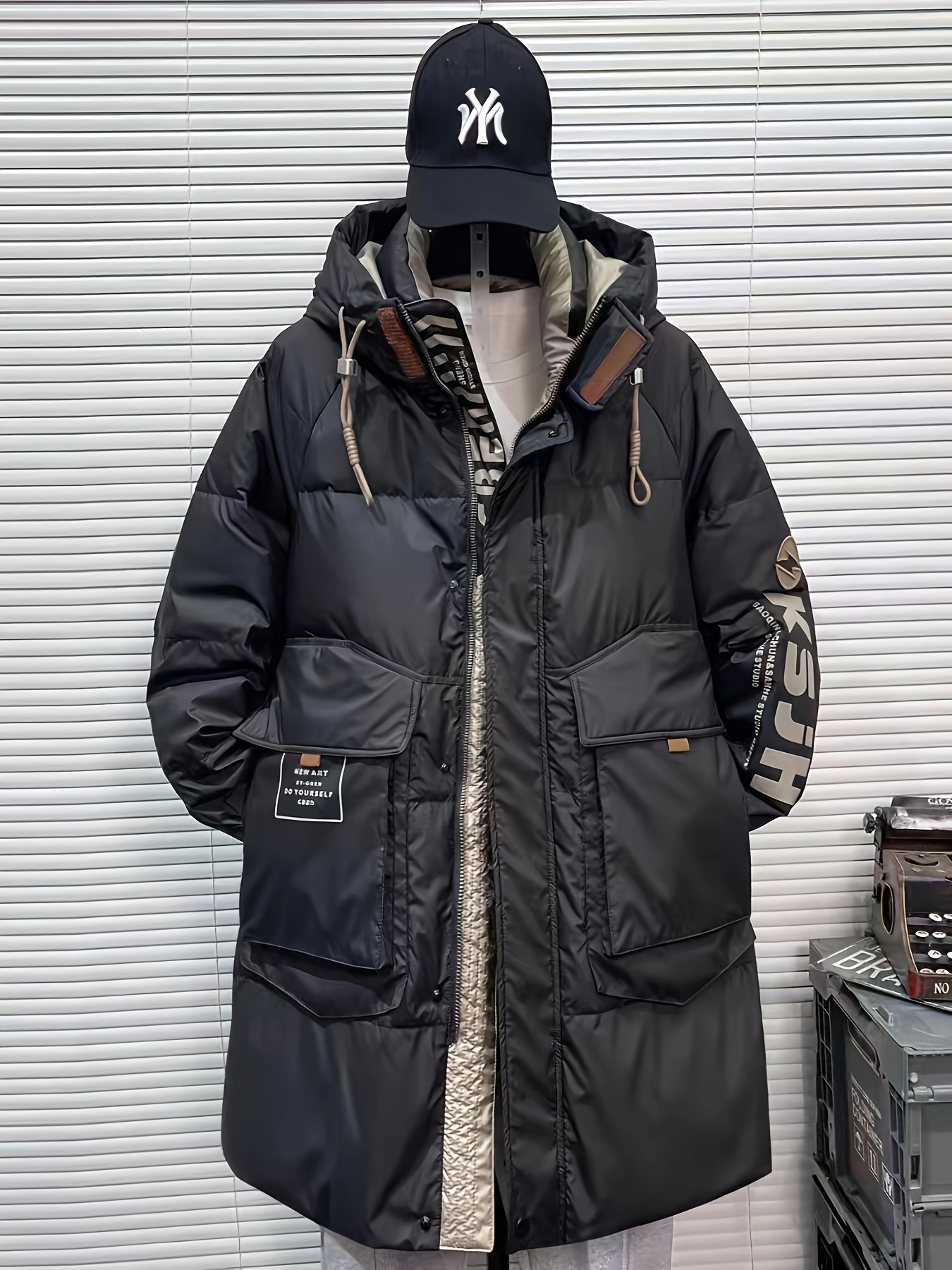 mens long winter parka thick puffer jacket hood zippered Temu
