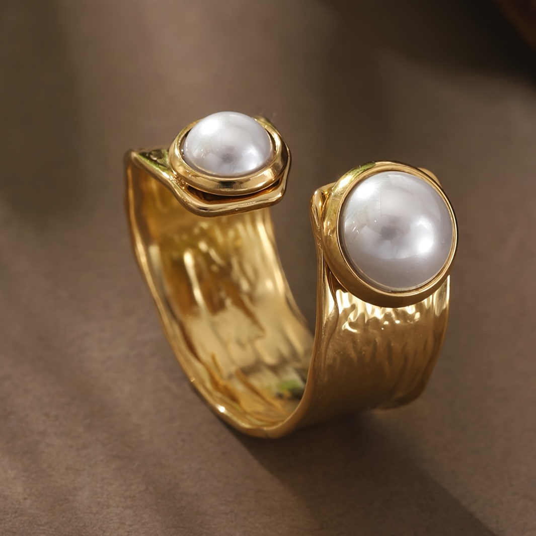 

1pc Vintage Stainless Steel Pearl Opening Ring, Elegant Jewelry For Women, Daily And Party Occasion