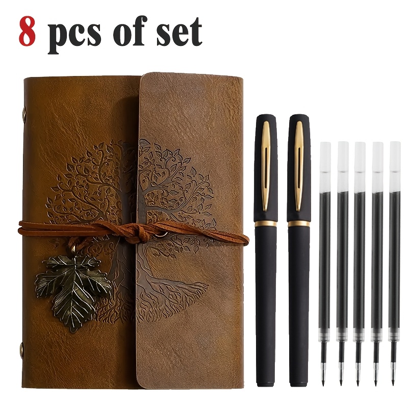 TEMU [8pcs Set] Vintage Spiral Notebook And Black-golden Pen Set, Includes 2 Stylish Black- Pens +5 Refills - Tree , Travel Journal Writing And