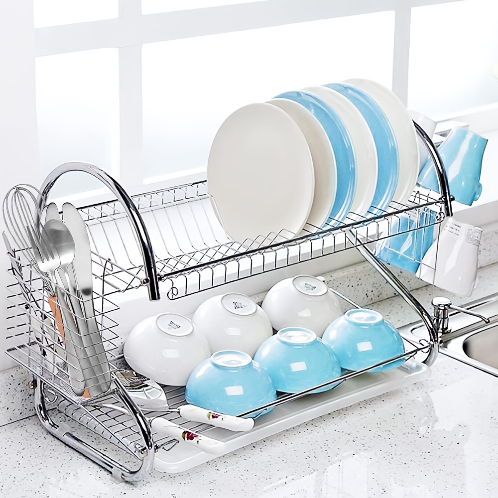 2 tier stainless steel dish drying rack with cutlery cup holders space saving   organizer heavy duty rust resistant design with drainage system for small kitchens dishwasher safe easy to clean countertop storage Product details 1