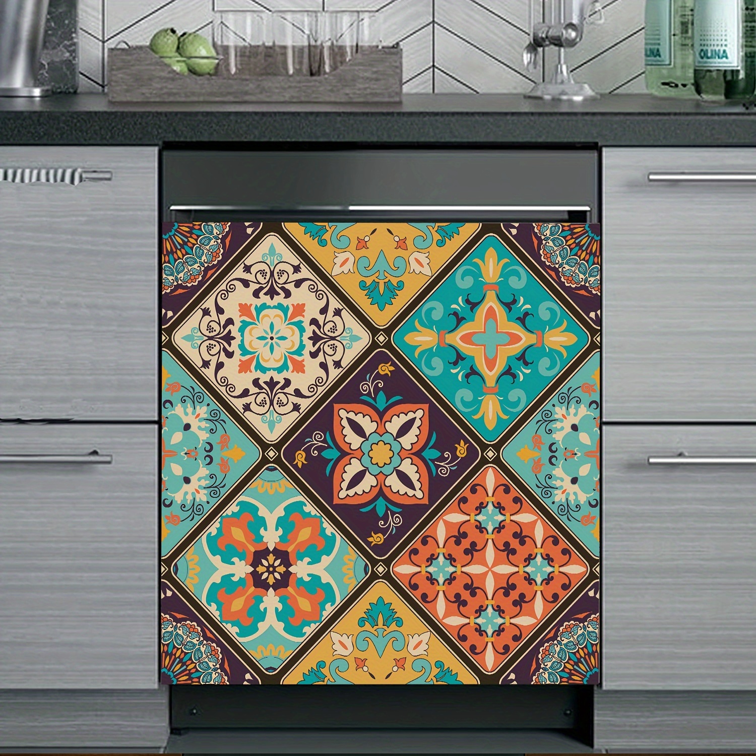 

Decorative Floral Tile Vinyl Dishwasher Magnet Cover - Vinyl Dishwasher Panel Decal, Magnetic Stainless Steel Door Adhesive, , Removable, 23.03 X 25.