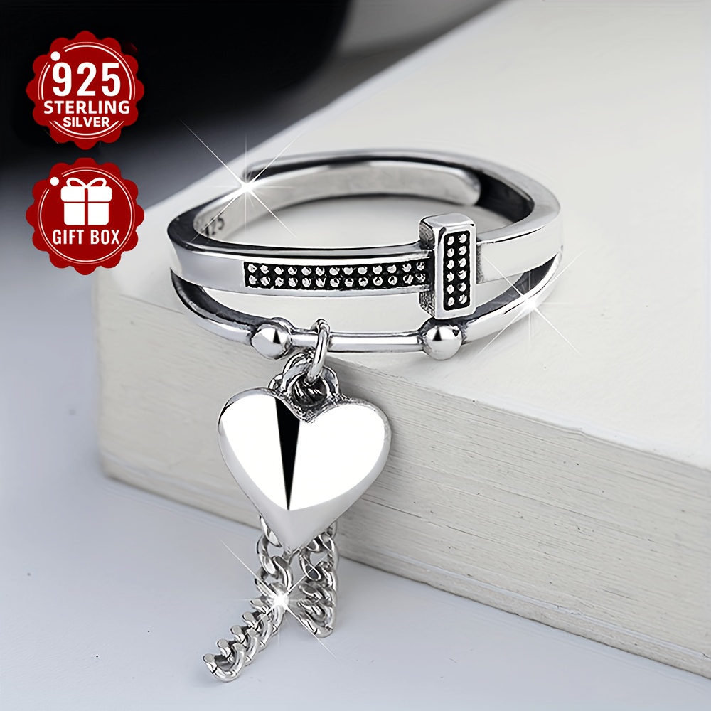 

(total Weight 4.3g) 1pc Women's Fashion Personality Ring 925 Sterling Silver Vintage Simple Tassel Love Pendant Ring Fashion Finger Ring Suitable For Birthday, Festival, Anniversary, Day Gifts