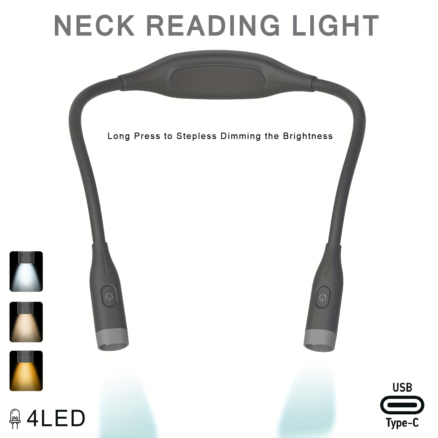 TEMU 1pc Luce LED da da , luce da libro ricaricabile USB per leggere a letto - degli 3 colori, luminosit� dimmerabile, bracci pieghevoli, design da ,