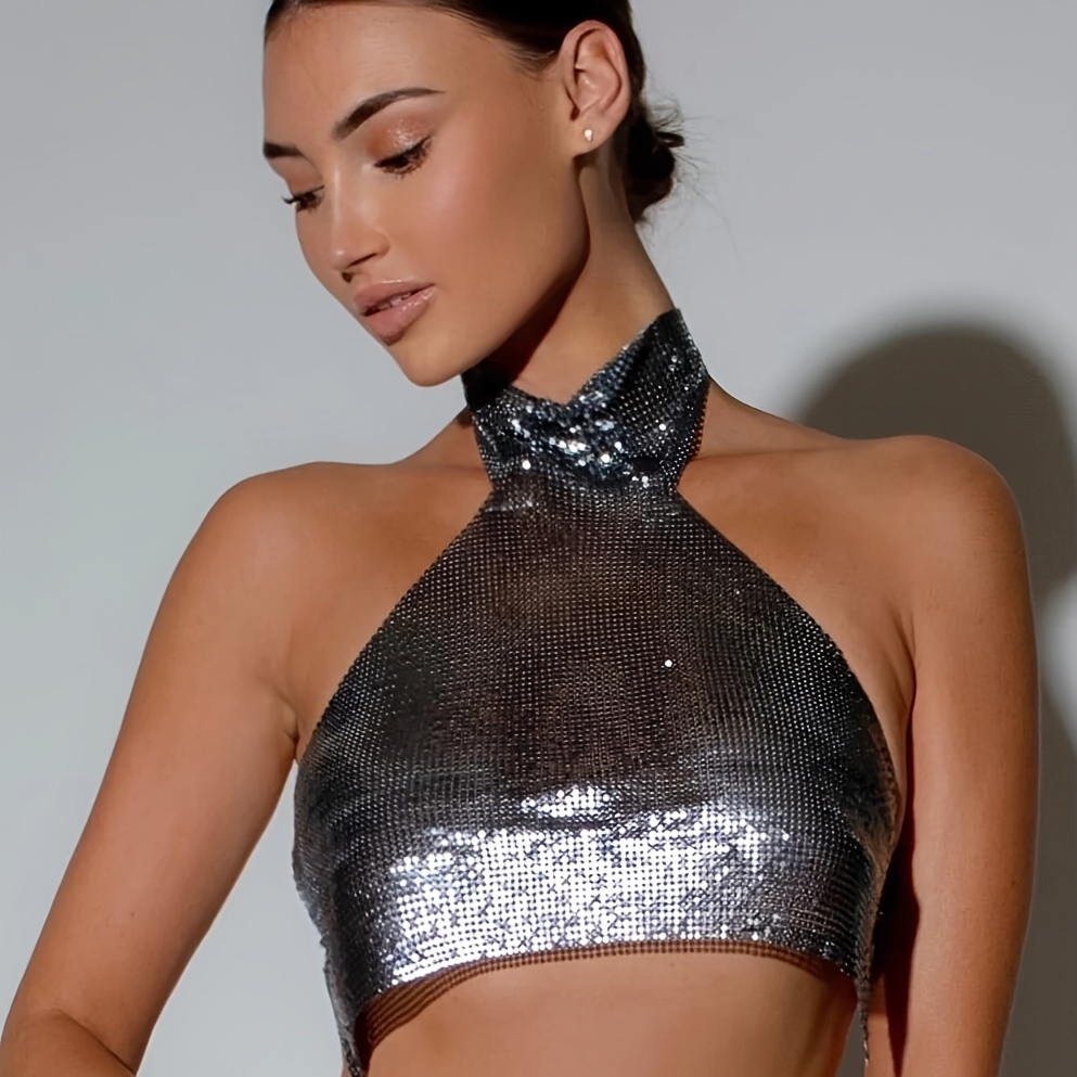 Metallic Fringe Trim Faux Pearl Backless Chainmail Halter Crop Top - W –  Trendy & Unique