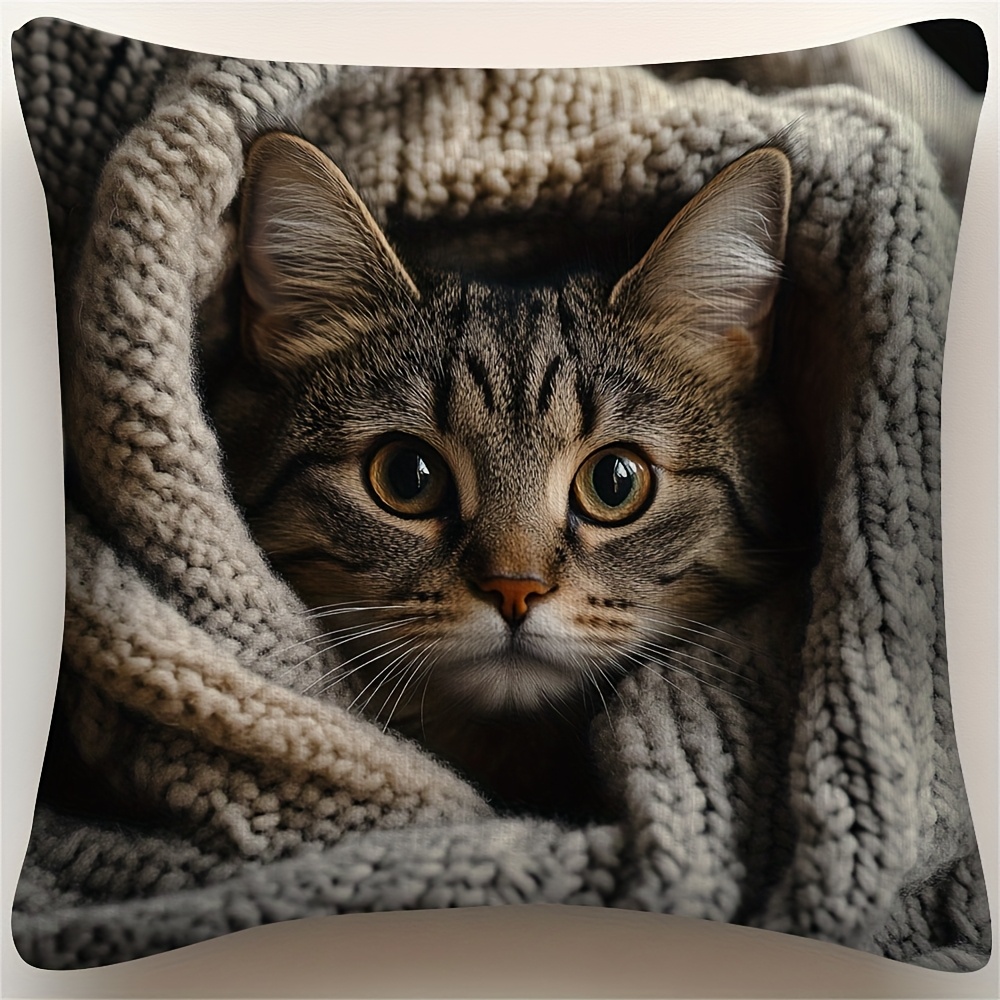 

1pc Vintage Style Cat Pillow Cover, Double-sided Short Plush Zippered Cushion Case, Machine Washable Polyester Knit Fabric, Woven Decorative Pillowcase For Room Types - Pillow Not Included