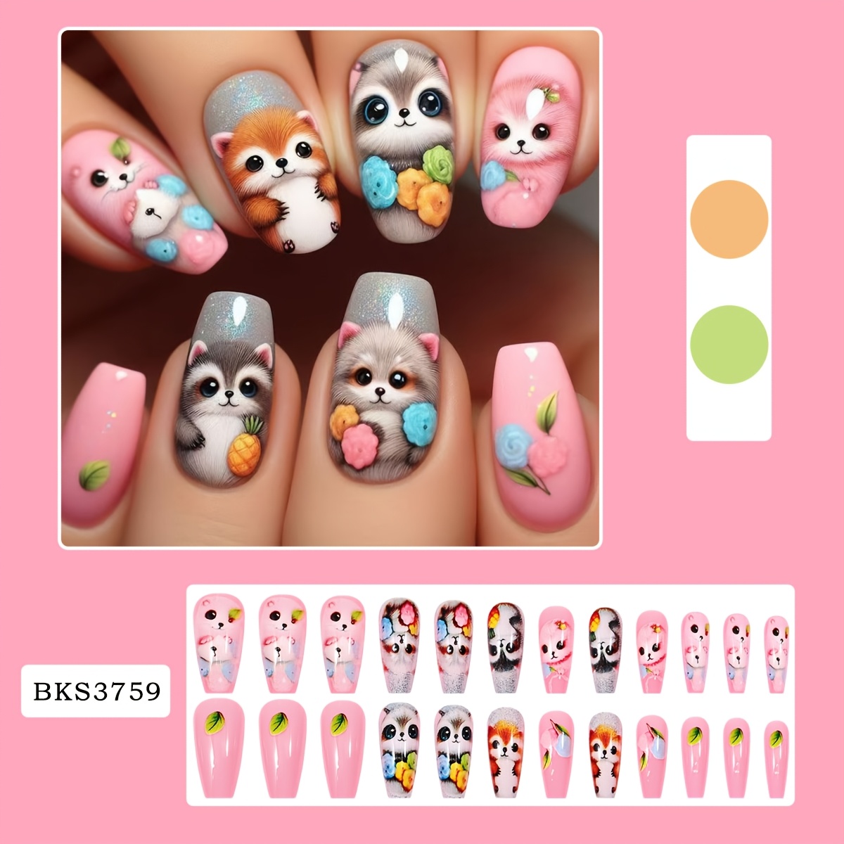 E-shop 24 Stück Niedliche Cartoon-Tier-Kunstnägel, Blumen- & Haustier-Design Falsche Nägel für Frauen, Entzückendes Waschbär/Fuchs-Muster für & ,