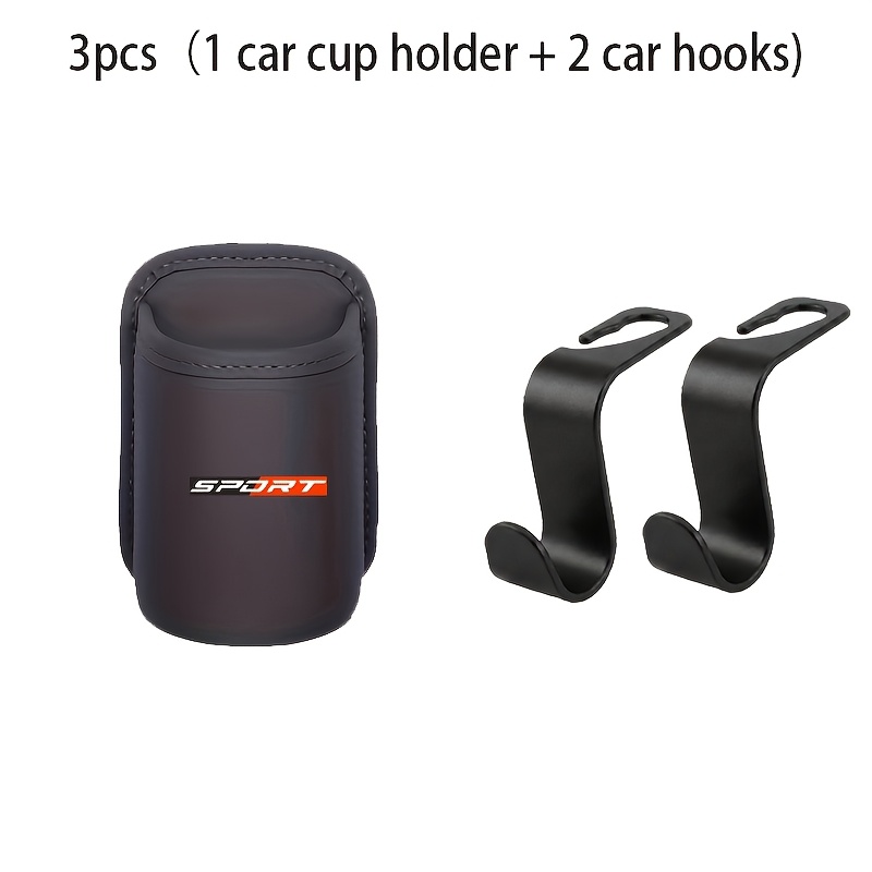 TEMU 3pcs Set (black And Style Car Door Cup Holder   2 Seat Hooks) Pu Leather Car Beverage Holder, Storage Box, Rear Seat Cup Holder, Interior