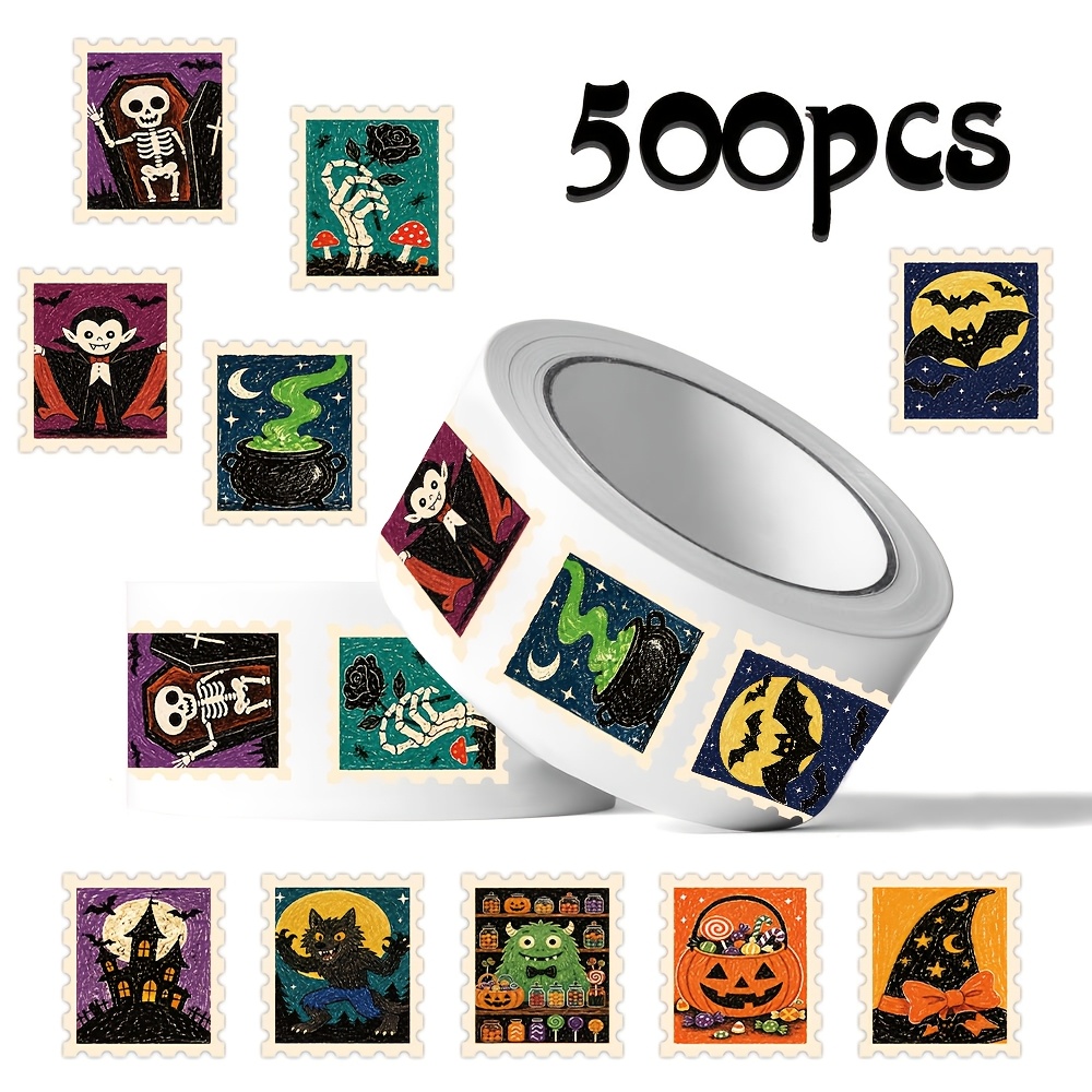 TEMU [douyajam] 500pcs Halloween Retro Shaped Washi Stickers, Retro Engraving Pumpkin Castle Monster Roll Labels, Collage Materials, Gift Packaging