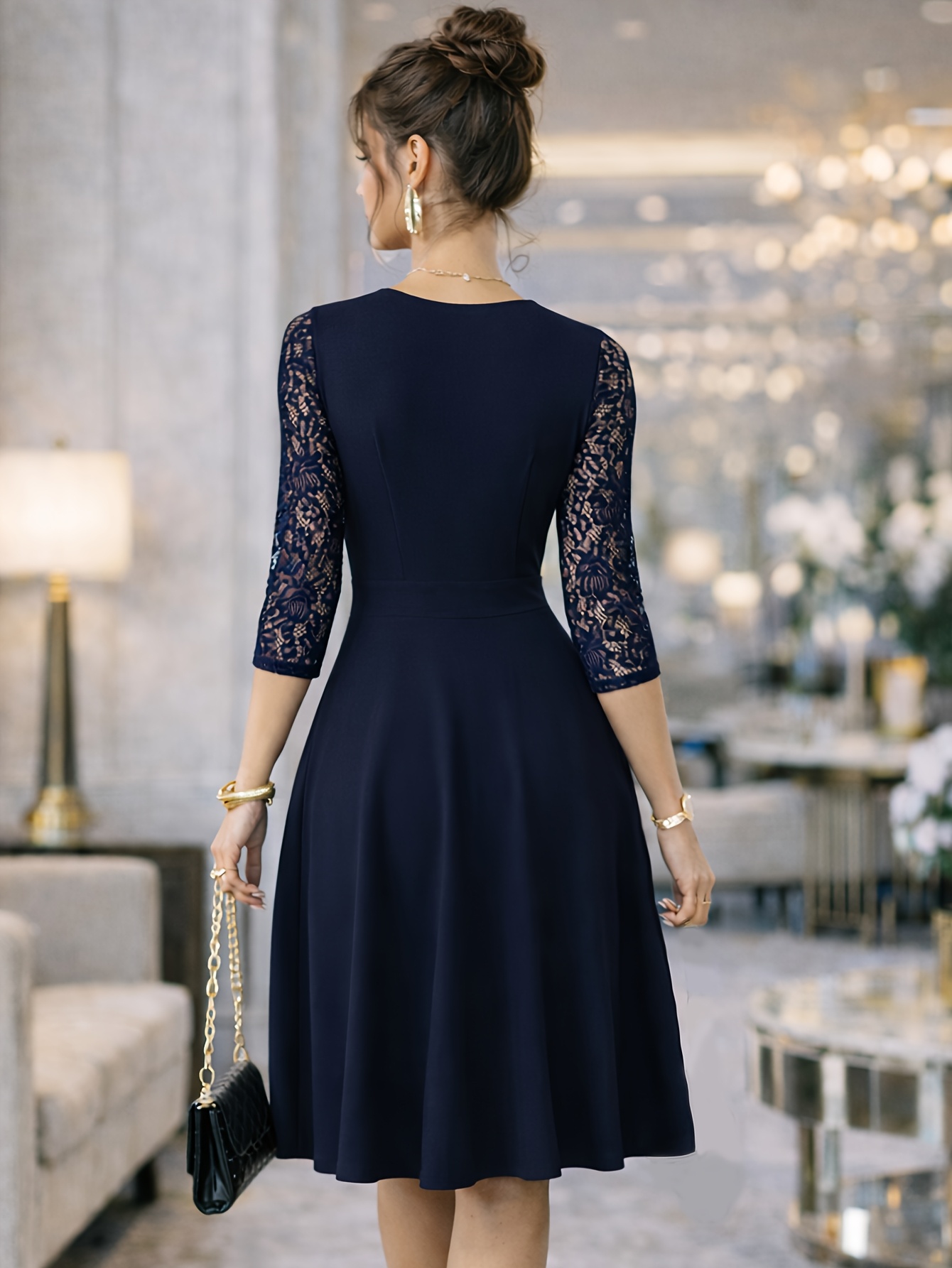 A-Line Dress with V Neck And Lace Sleeves for Women, Perfect for Weddings And Cocktail Parties