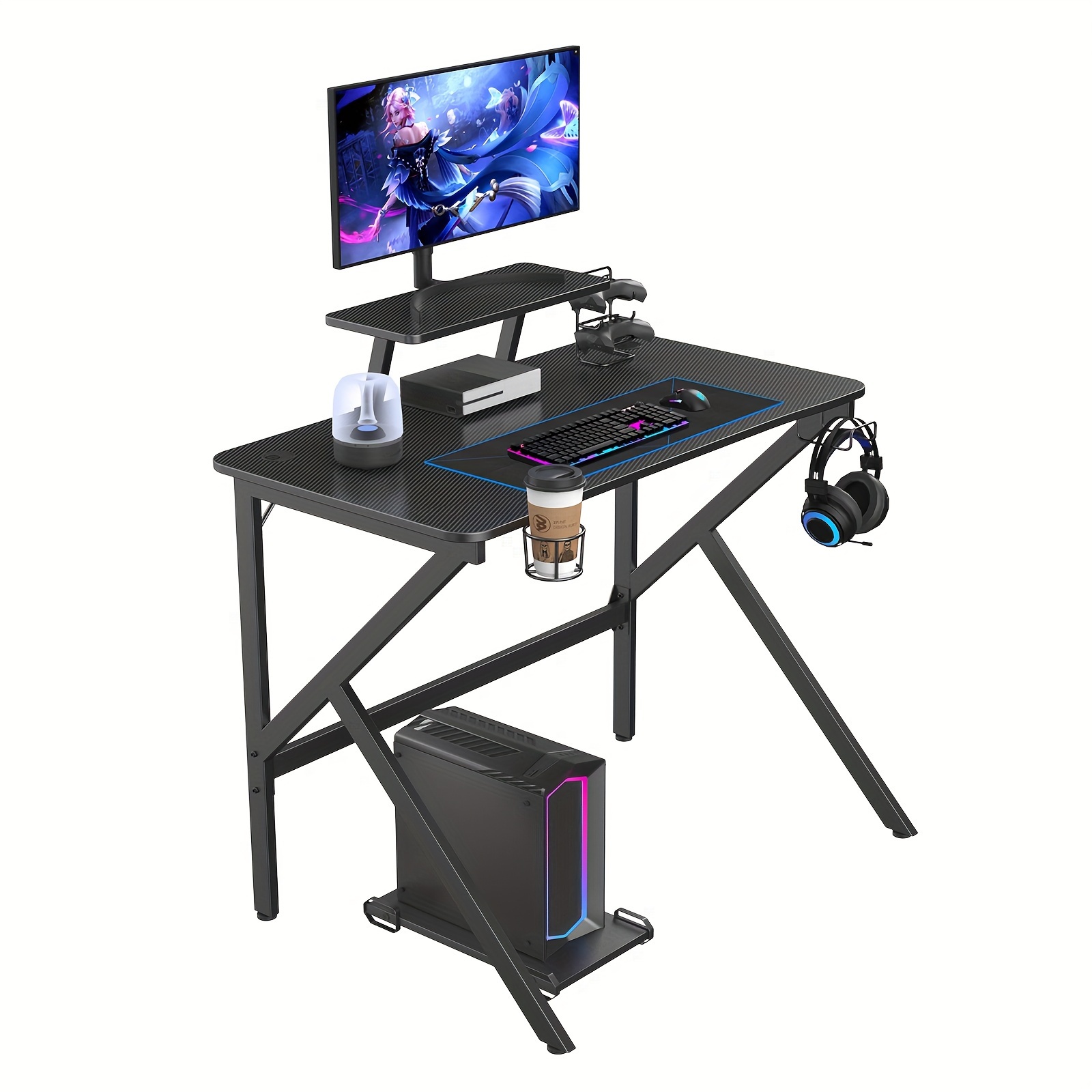 TEMU Scrivania da Gaming 100x55cm, Tavolo da Gioco Ergonomico, Scrivanie per Computer con Portabicchieri, Gancio per Cuffie e Supporto Regolabile in