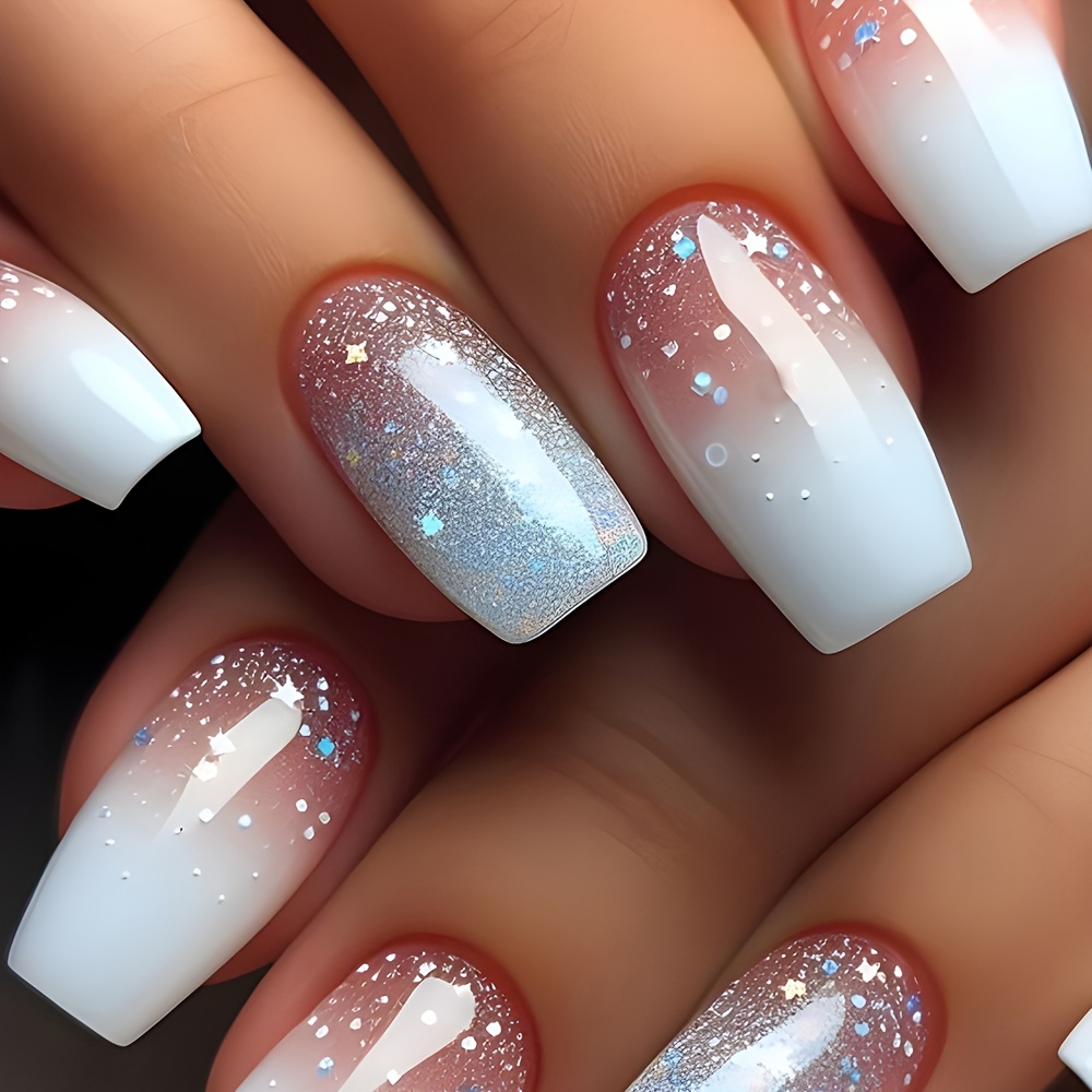 

24pcs Of European And Selling Glitter Short Ballet Style Nail Sheets Simple Sweet Cool Nail Stickers White And Blue Gradient Wearable Nail