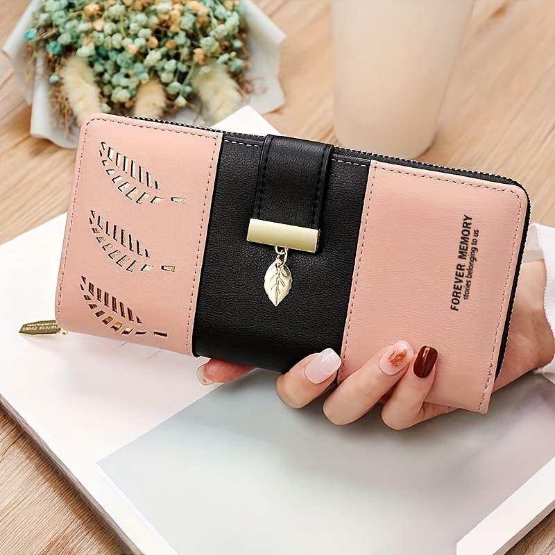 Image of 1pc Women's Long Wallet, Hollow Leaf Design, , Large Capacity Handheld Wristlet Purse