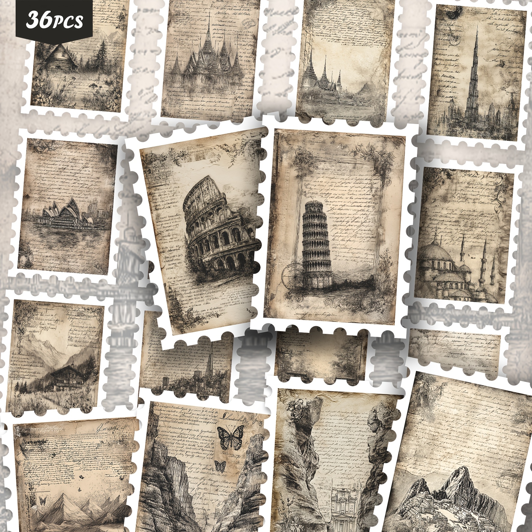 TEMU 36pcs Vintage Ephemera Stickers, Aged Paper & World Sketch Art Aesthetic Cutout Sticker Set For Journals, Planners & Decor
