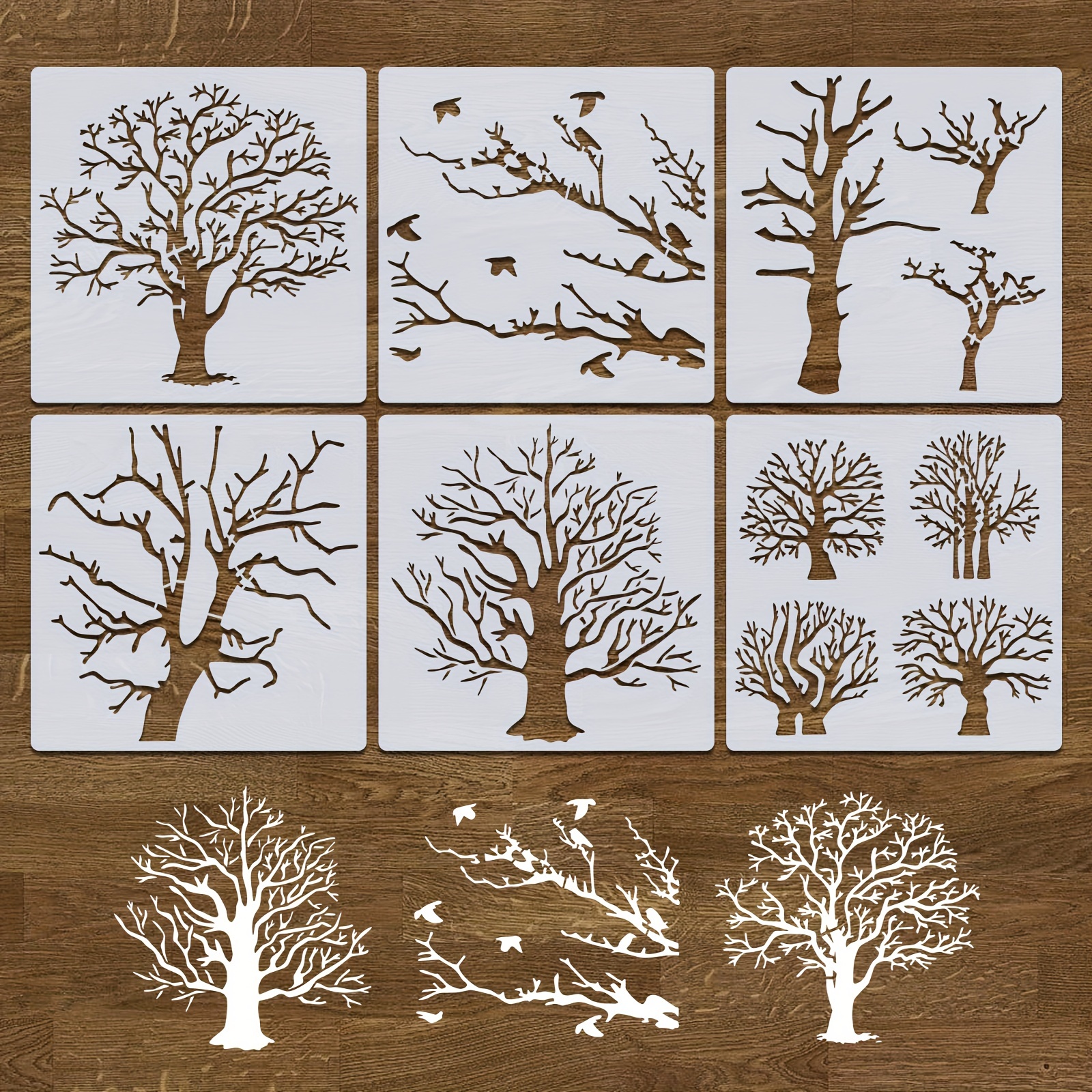 

6pcs Tree Stencils 7.9x7.9 Inch Branches, Bird Stencils, Reusable Plastic Stencils For Painting On Canvas Wood Wall Floor Home Decor
