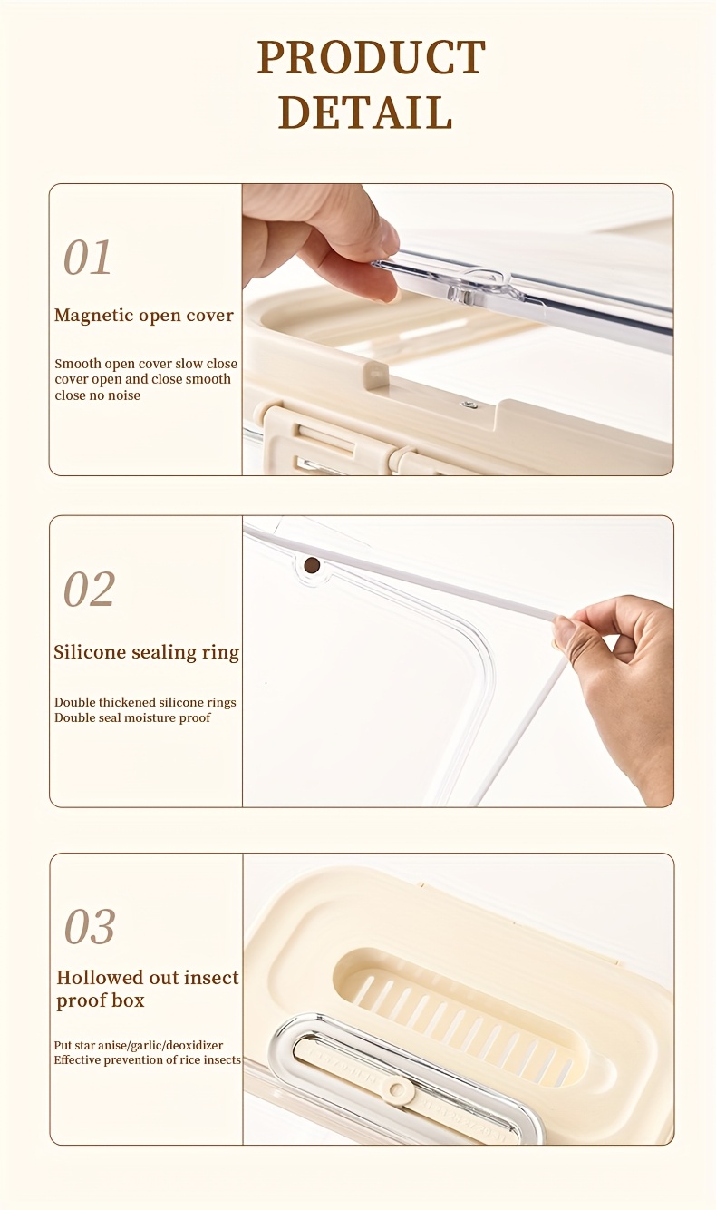 2 sizes airtight food storage containers set 5kg 11 02lb 10kg 22 05lb transparent plastic grain dispenser with measuring cup moisture proof and insect resistant for rice   flour pet food hand wash reusable square with magnetic closure for kitchen use Product details 18