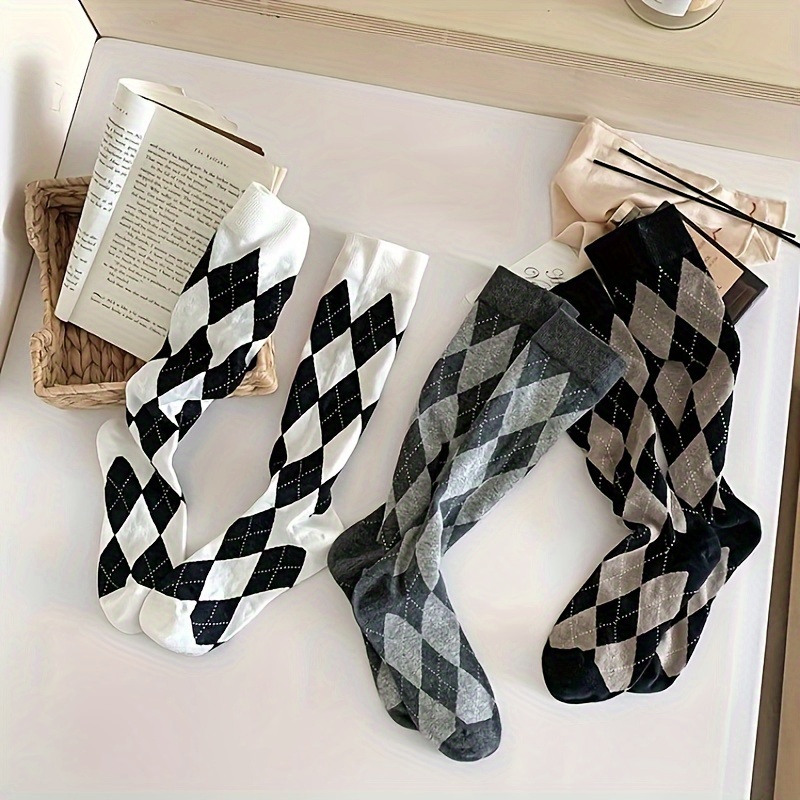 

3pcs Vintage Preppy Argyle Knee-high Socks For Women - Comfortable, Stretchy & Machine Washable