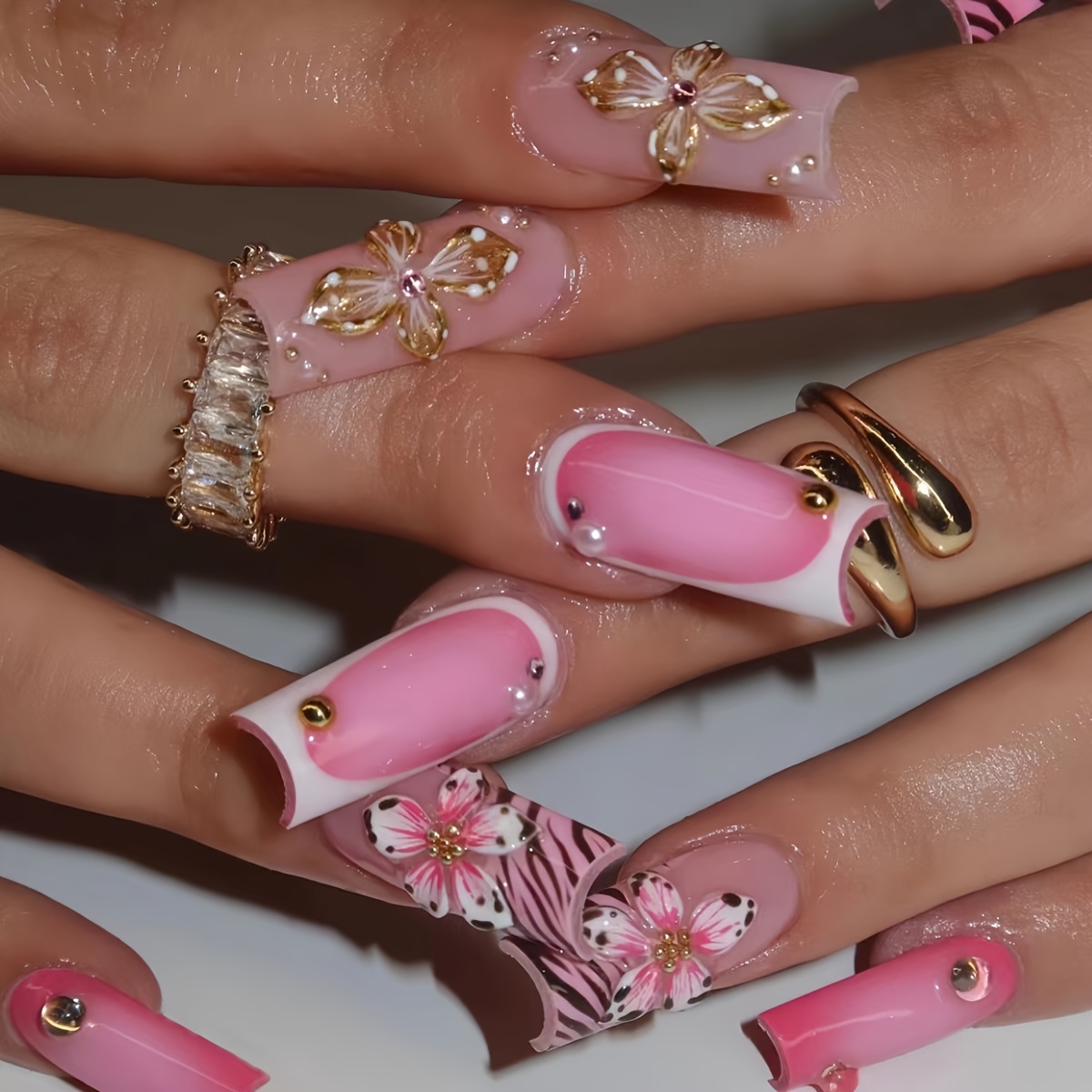 TEMU 24pcs Soft Pink 3d Floral French Stripe Long Press-on Nails Set With Nail File And Jelly Glue, Mixed Color, Square Shape, Long Length, Glossy Finish, For Women