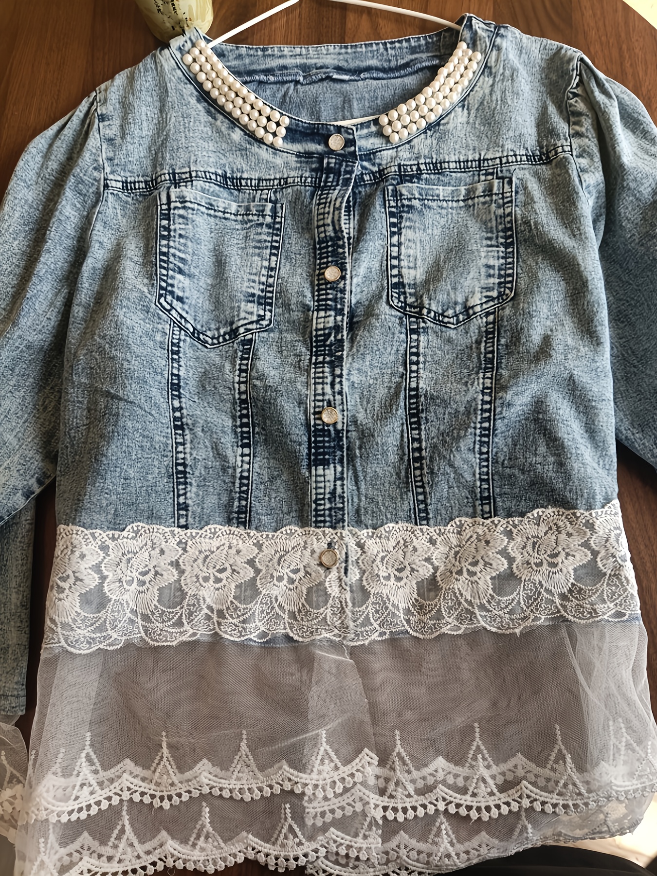 Large Size Fashion Women's Denim Jacket, Elegant Lace Stitching, Beaded  Design Women's Casual Jacket, Spring And Autumn Daily Wear
