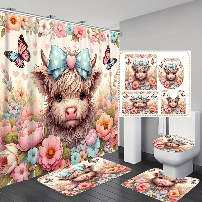 

1 Set Garden Calf Pattern Bathroom Shower Curtain Four-piece Set Toilet -piece Set