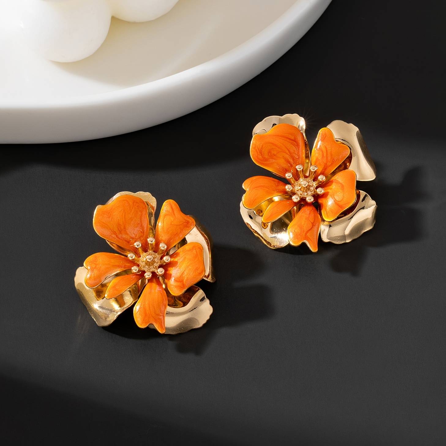 Radiant Handmade Double-Layered Orange Blossom Ear Studs, Festive Gift