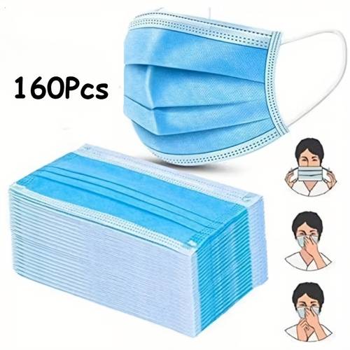 160pcs blue disposable face masks breathable and comfortable with adjustable nose clip suitable for daily use travel school and work fits most face
