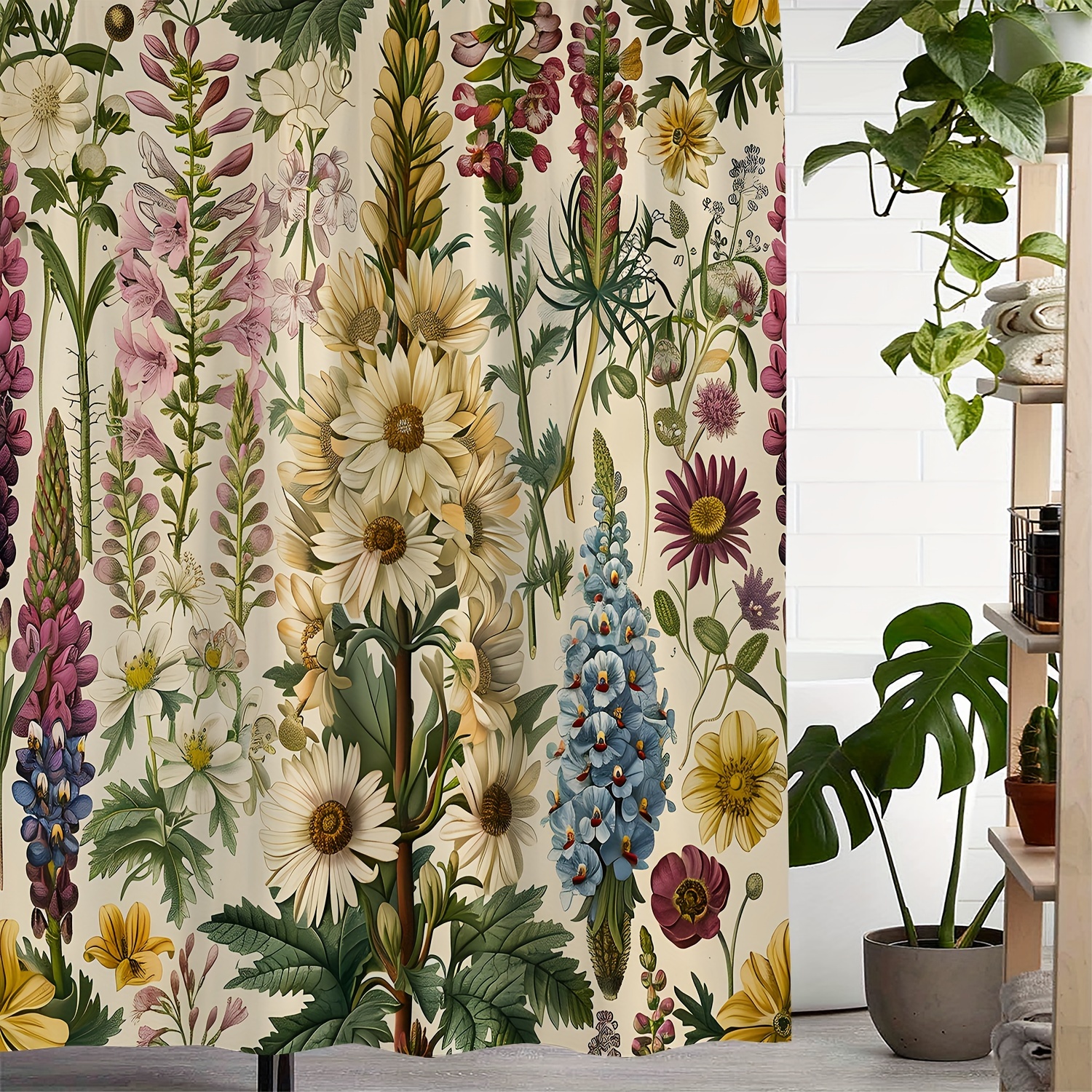 

Water-resistant Floral Print Polyester Shower Curtain With 12 Hooks, Machine Washable, Woven Fabric, Artistic Design, Includes Hook Accessories