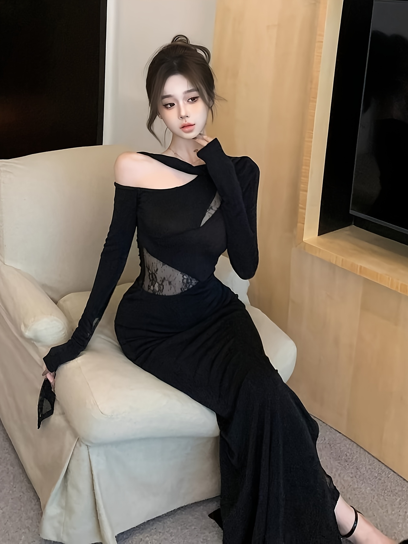 knee length dresses for ladies Short Black Lace Long Sleeve Hoco Dress main image 1