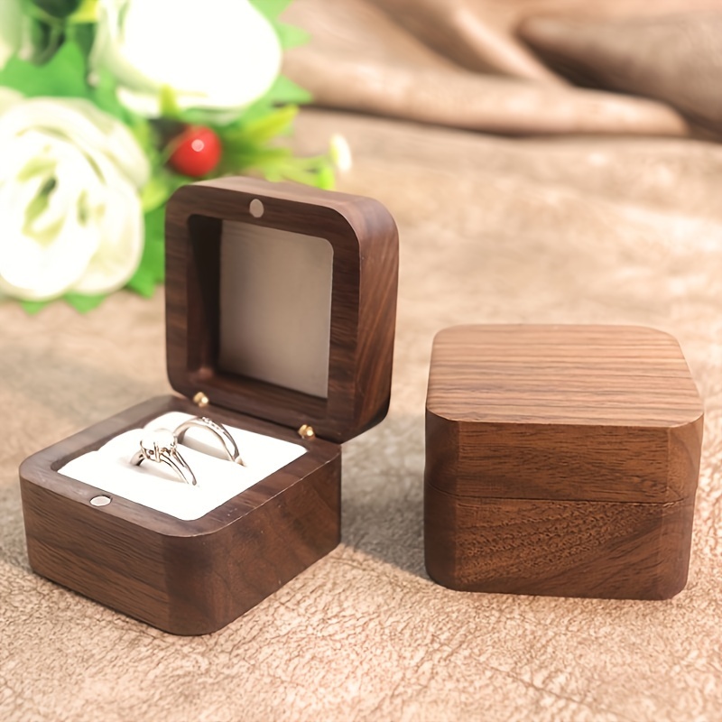 

1pc Walnut Wood Ring Box, Vintage Style Engagement Proposal, Wedding Diamond Jewelry Gift Case, Rustic Wooden Craftsmanship