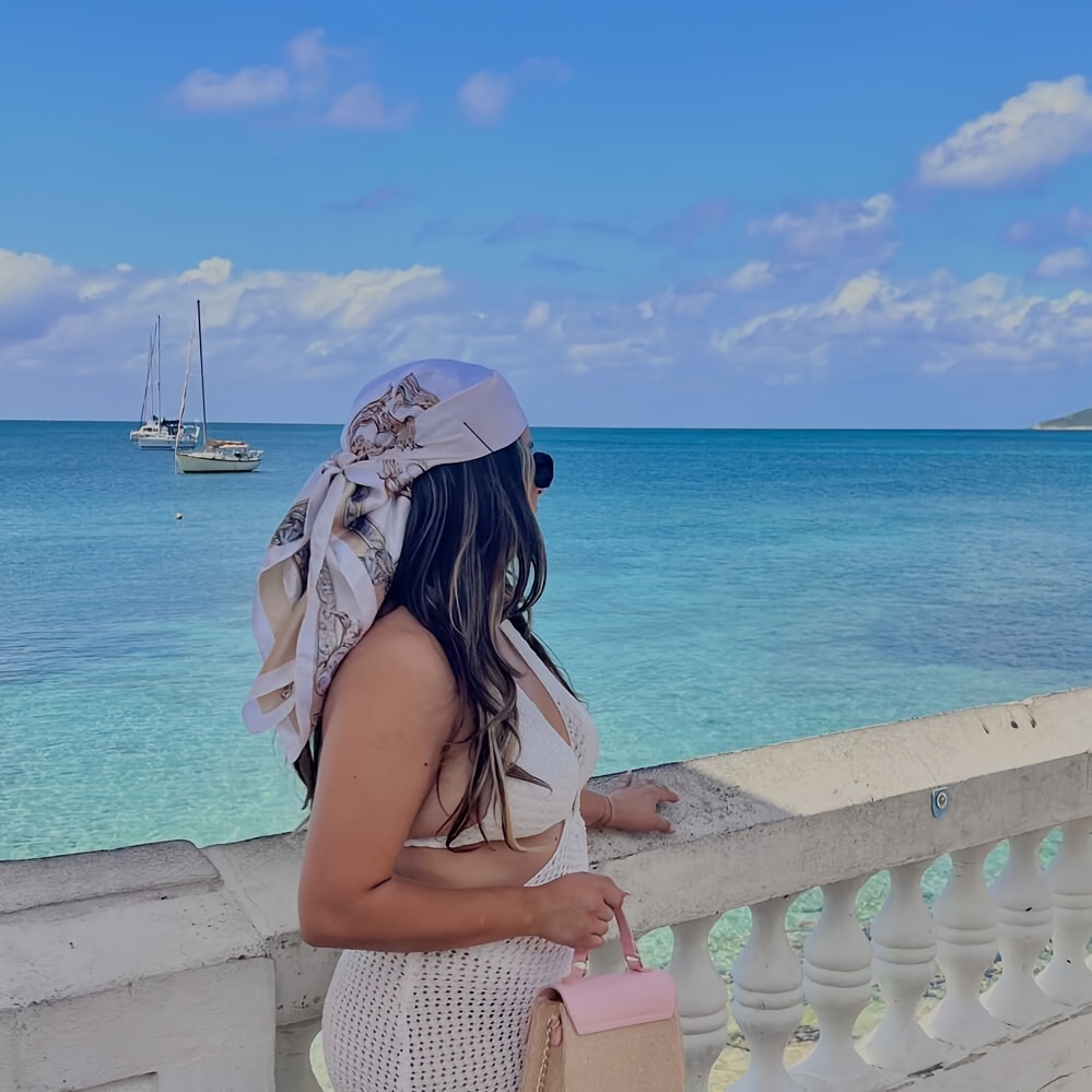 E-shop 1 Stück Beige Vintage Bedrucktes Damen-Hijab, Weiches & Elegantes Stirnband für Alle Jahreszeiten, Vielseitiges Großes Quadratisches Tuch