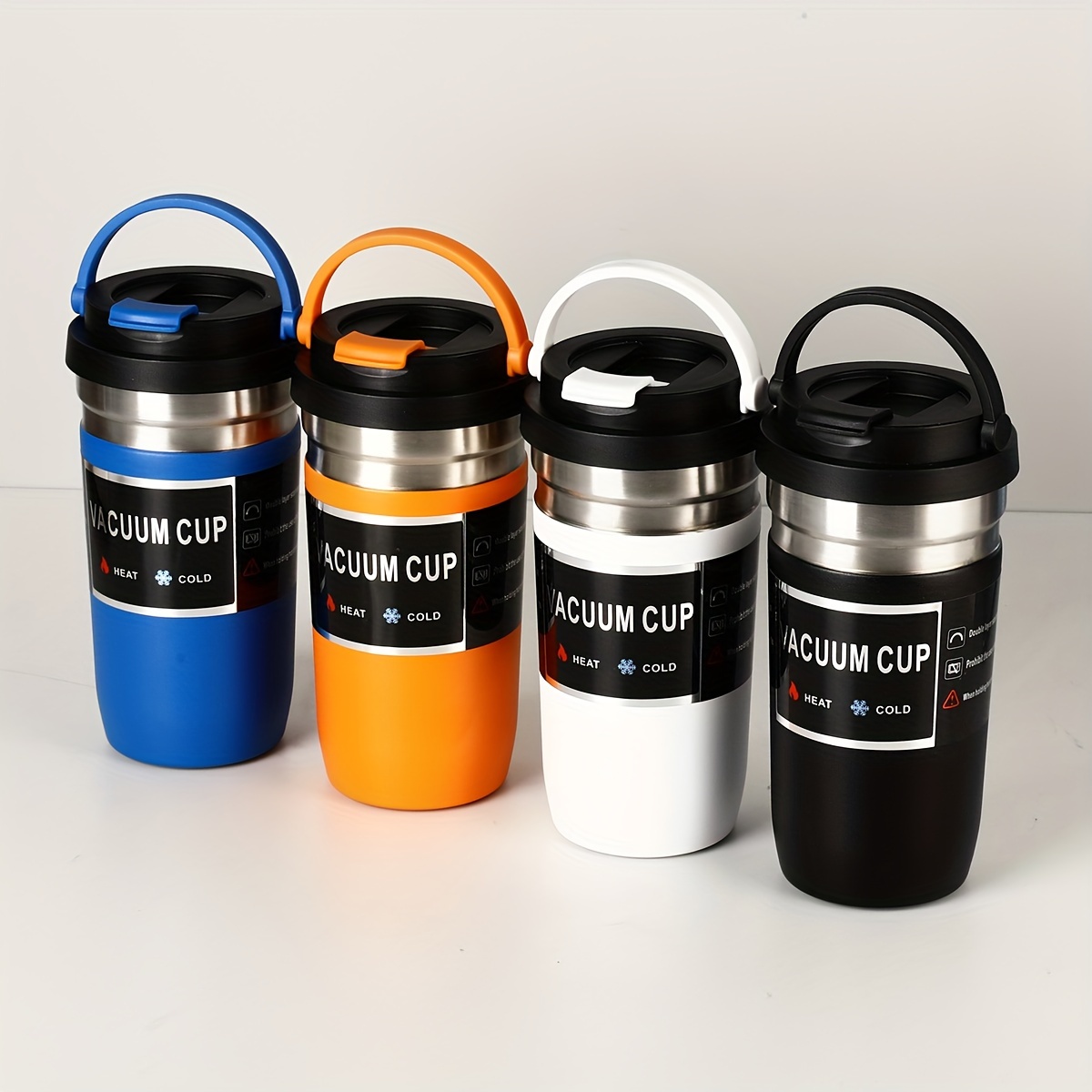 1개 진공 단열 스테인리스 커피 컵, 550ml - 내구성 있고 재사용 가능, 휴대용 손잡이, 최대 12시간 열 보유, 블루/블랙, 오렌지/화이트, 화이트 색상 - 뜨거운 음료와 차가운 음료에 이상적, 커피 여행용 머그