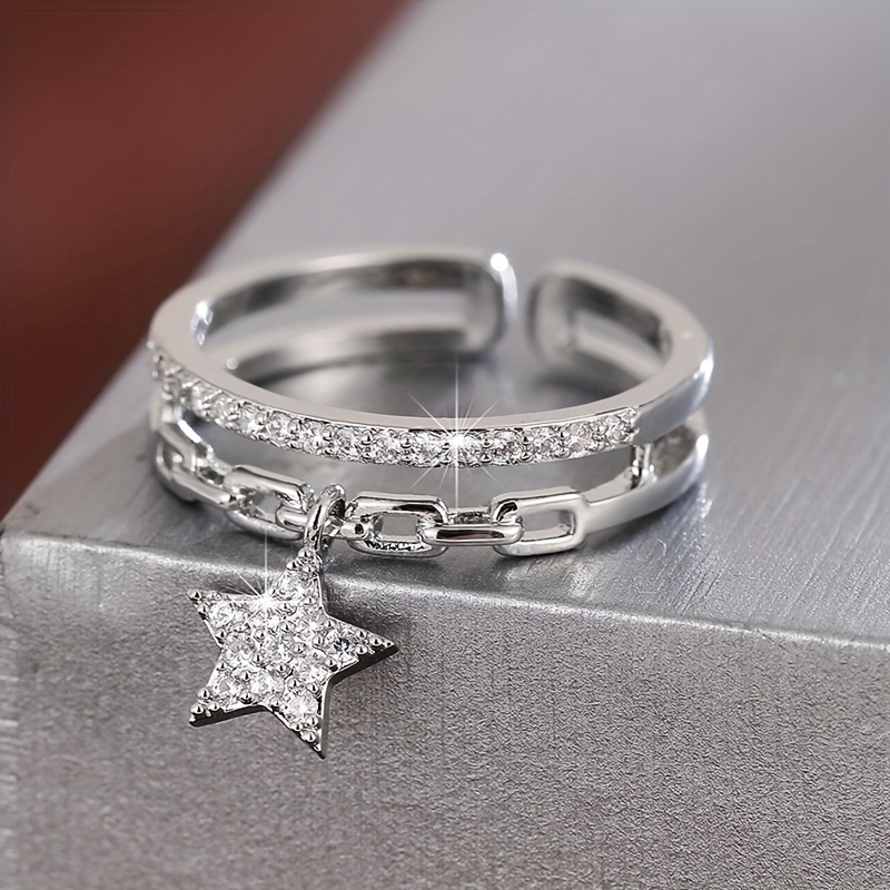 A Minimalist Chain-style Open Adjustable Ring For Women, Featuring Design With Synthetic Synthetic Zirconia