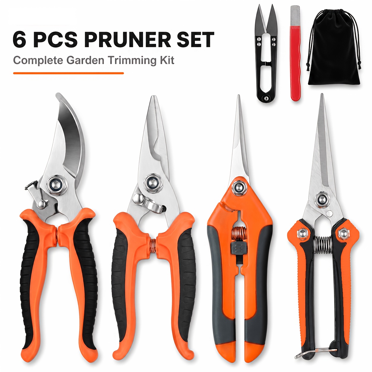 TEMU 6pcs Professional Garden Pruning Shears Set, Garden Scissors & Plant Clippers Kit With Storage Bag, Sharp Pruner Tools For Flower Trimming,