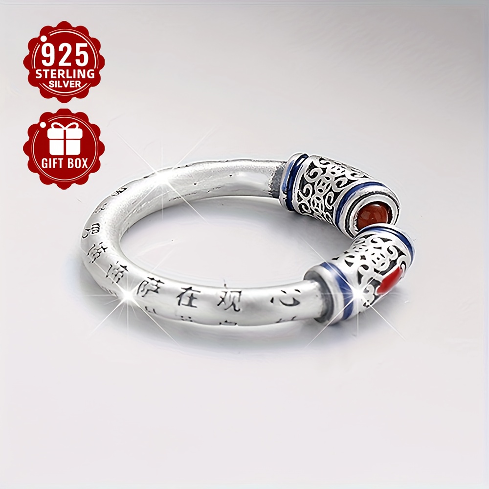 S925 Silver Retro Red Agate Heart Sutra Open Ring