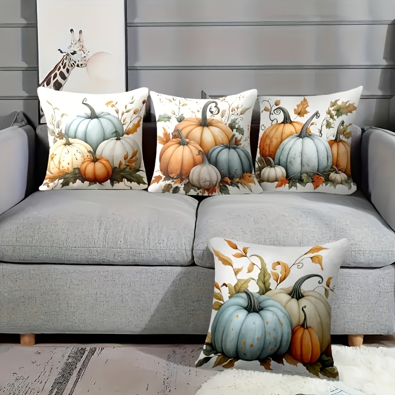 TEMU 4pcs Fall Pumpkin Pillow Cover Set, Watercolor Orange And Turquoise Pumpkin Pattern, Rustic Style Double-sided Printed Zipper Cushion Cases,